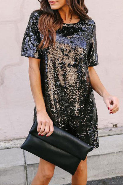 Sequin Short Sleeves Loose Dresses