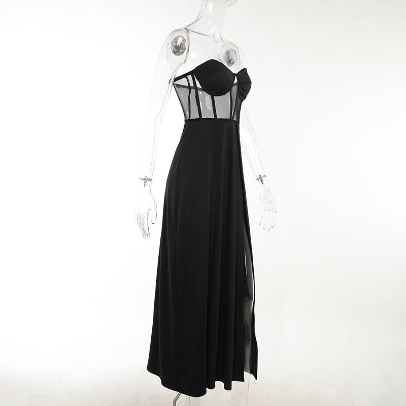 Black Bustier Slit Midi Dress
