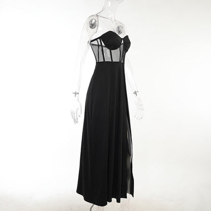 Black Bustier Slit Midi Dress