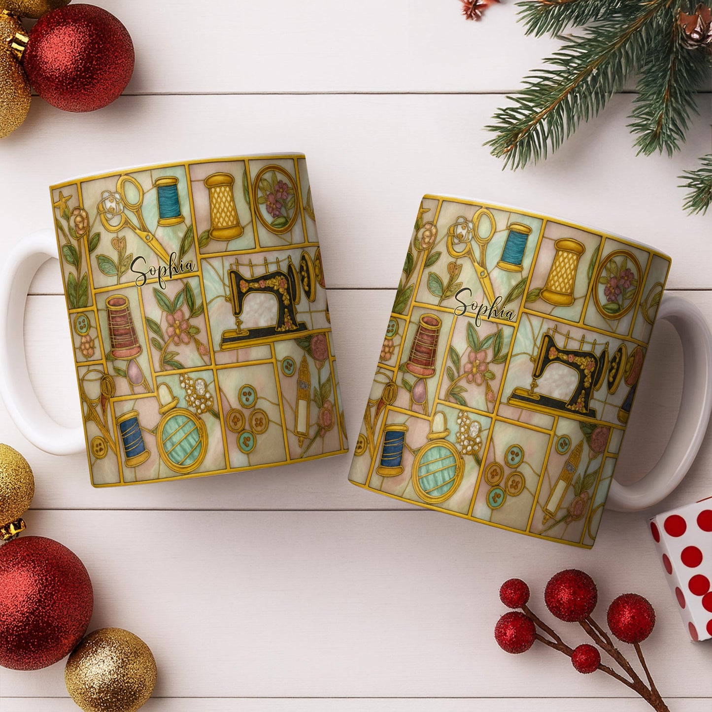 Craft Themed Personalized Mug Featuring Sewing Machine And Flowers - Personalized Custom Coffee Mug - HOB001_MG