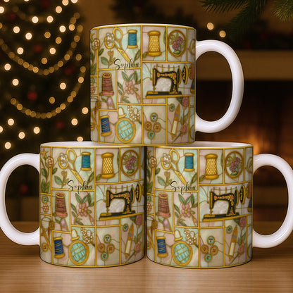 Craft Themed Personalized Mug Featuring Sewing Machine And Flowers - Personalized Custom Coffee Mug - HOB001_MG