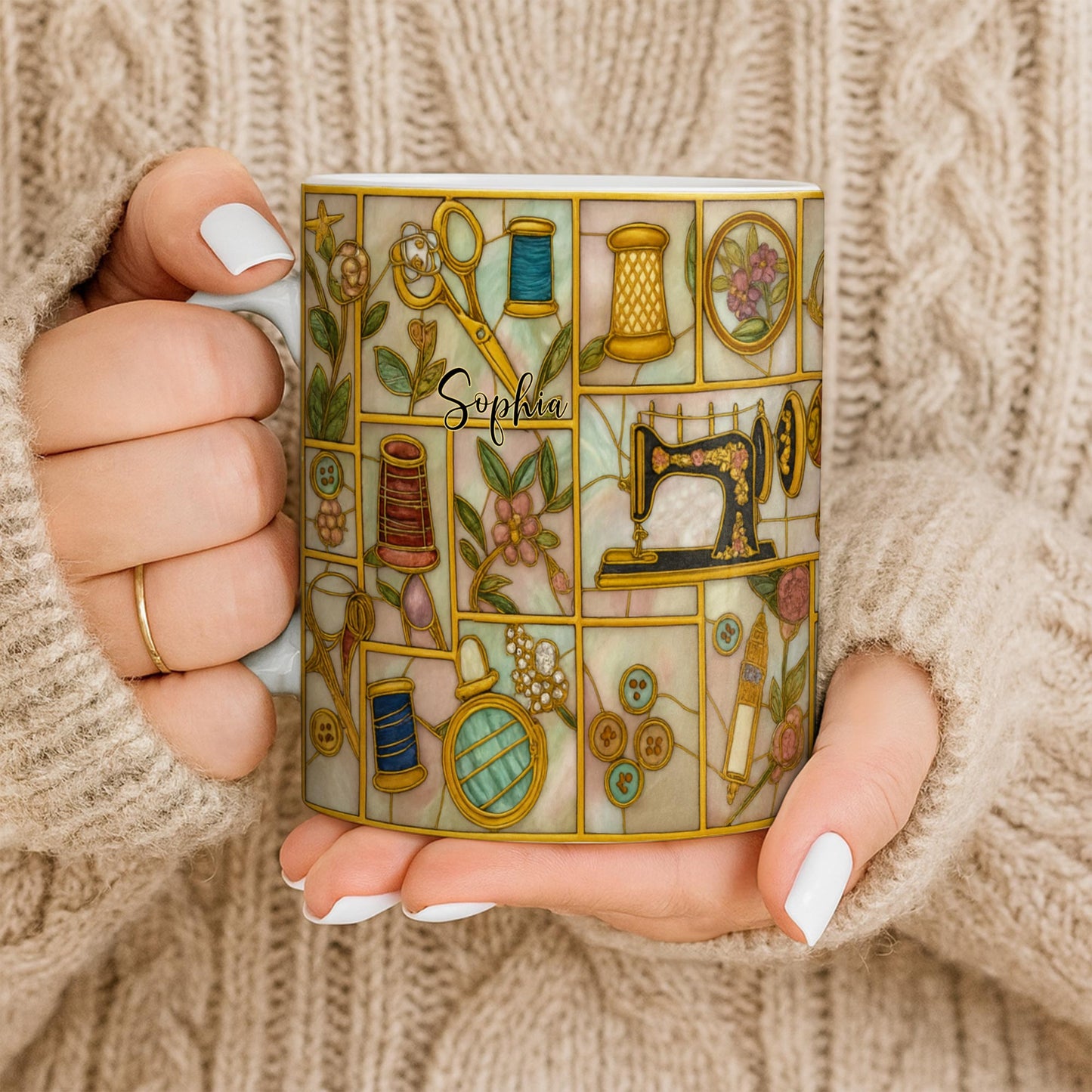 Craft Themed Personalized Mug Featuring Sewing Machine And Flowers - Personalized Custom Coffee Mug - HOB001_MG