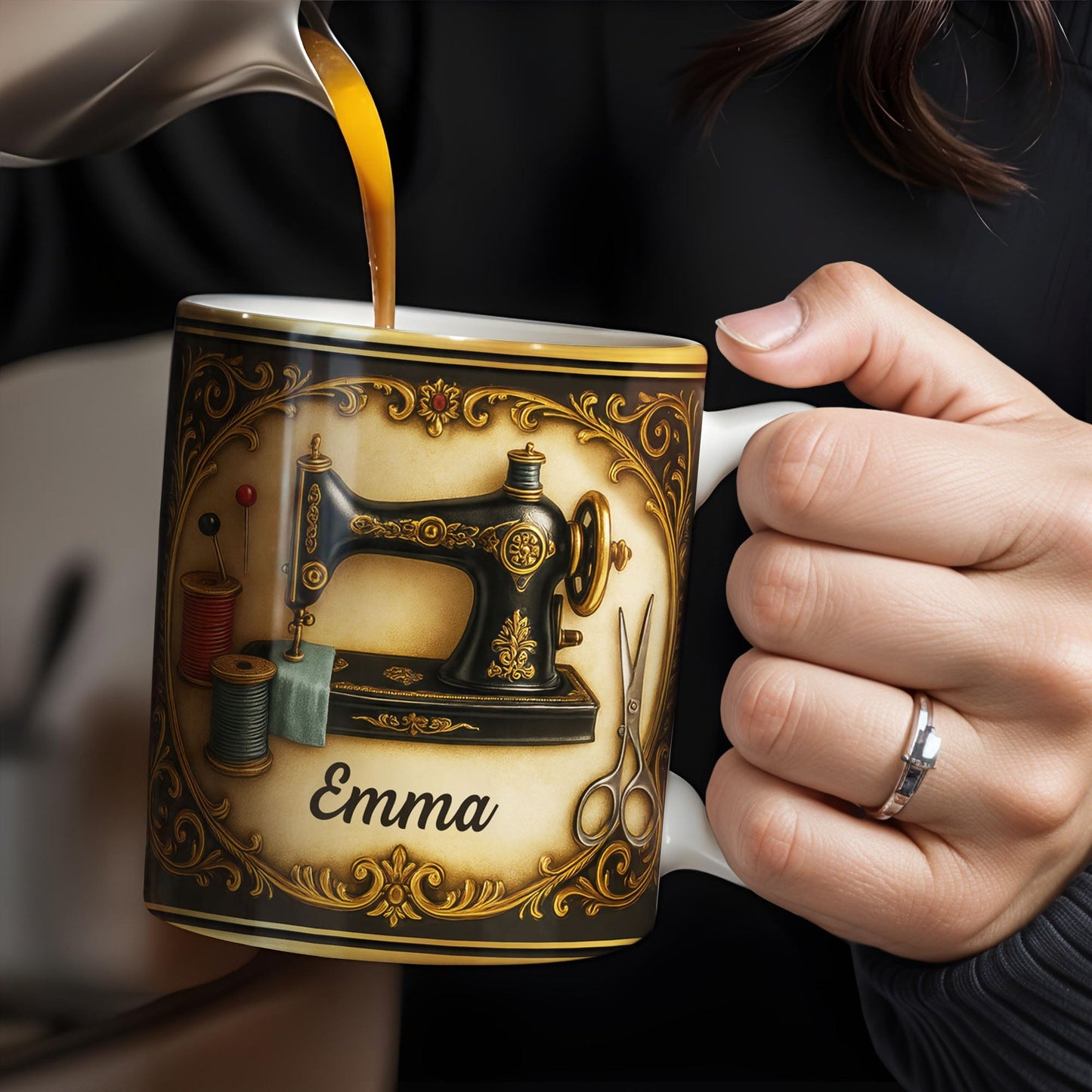 Classic Sewing Machine Design With Elegant Ornaments - Personalized Custom Coffee Mug - HOB020_MG