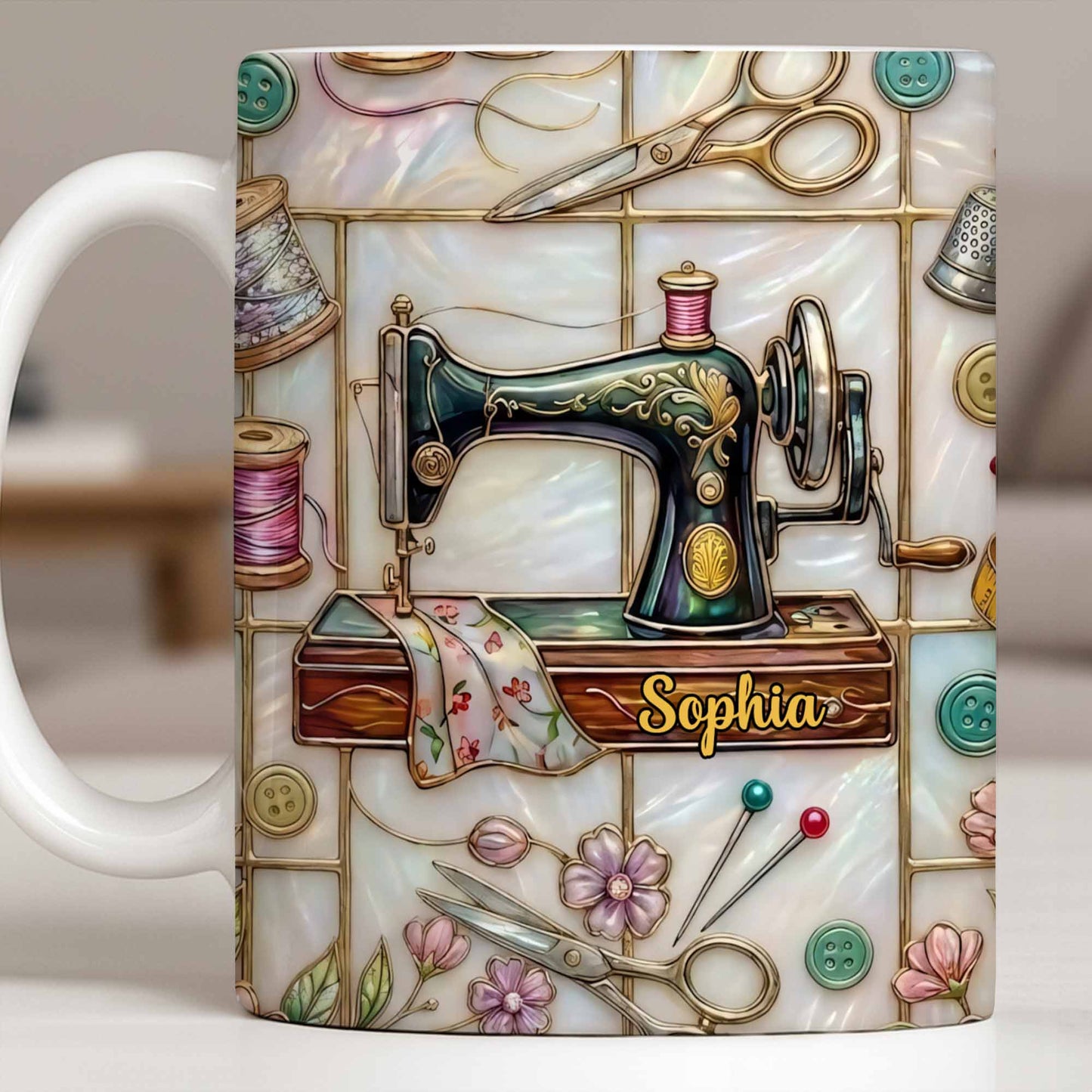 Celebrate Your Creativity With Sewing Machine And Floral Design - Personalized Custom Coffee Mug - HOB024_MG