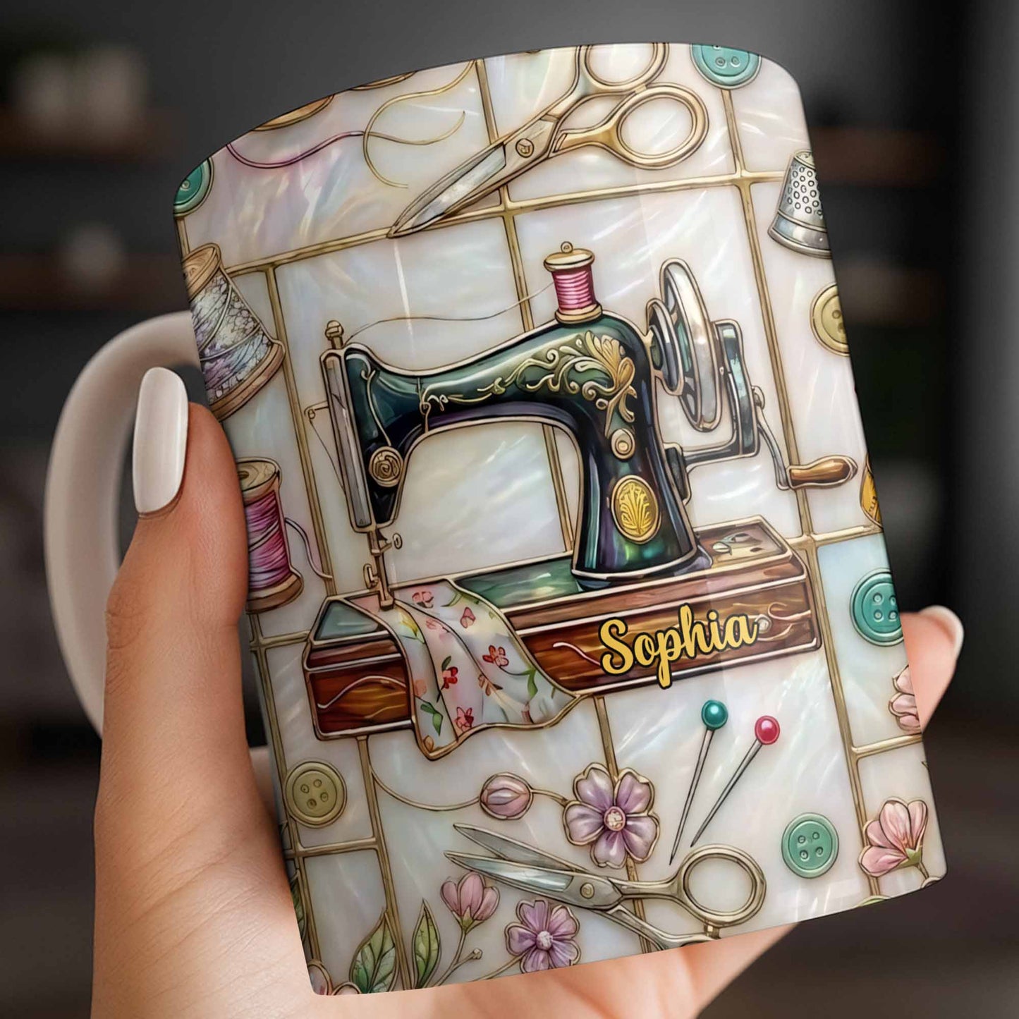 Celebrate Your Creativity With Sewing Machine And Floral Design - Personalized Custom Coffee Mug - HOB024_MG