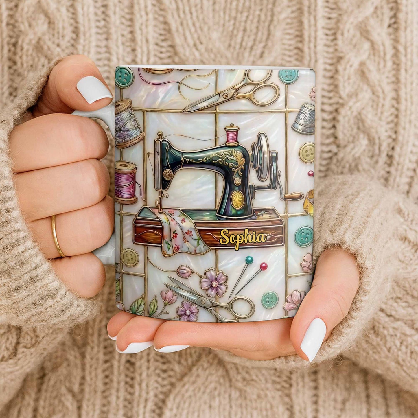 Celebrate Your Creativity With Sewing Machine And Floral Design - Personalized Custom Coffee Mug - HOB024_MG