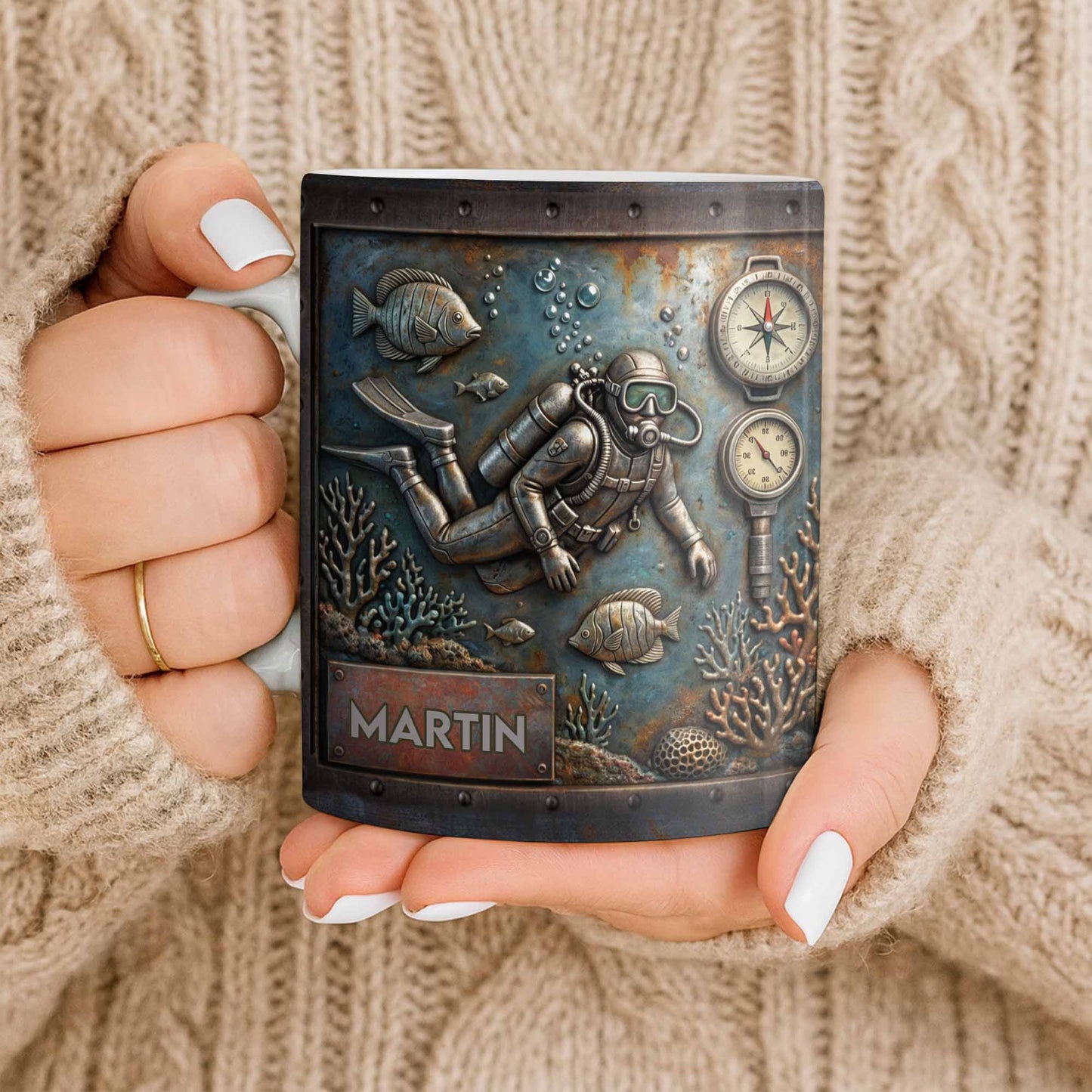 Explore The Ocean's Beauty With Steampunk Diver Art - Personalized Custom Coffee Mug - HOB039_MG