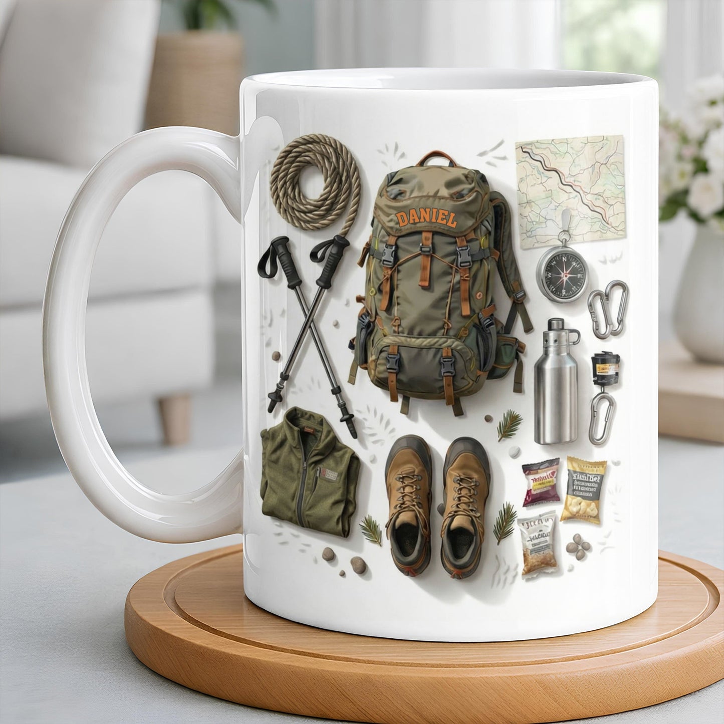 Customize Essential Outdoor Adventure Gear Backpack, Boots, Map - Personalized Custom Coffee Mug - HOB048_MG