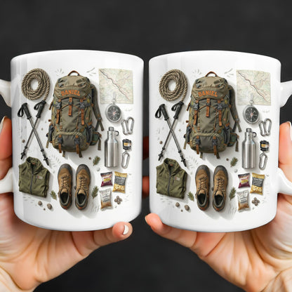 Customize Essential Outdoor Adventure Gear Backpack, Boots, Map - Personalized Custom Coffee Mug - HOB048_MG