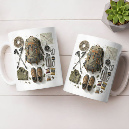 Customize Essential Outdoor Adventure Gear Backpack, Boots, Map - Personalized Custom Coffee Mug - HOB048_MG