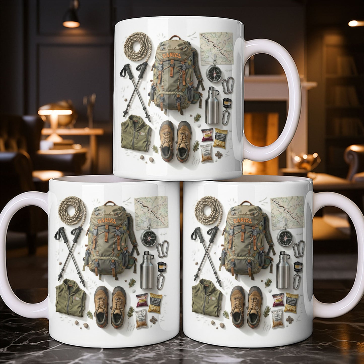 Customize Essential Outdoor Adventure Gear Backpack, Boots, Map - Personalized Custom Coffee Mug - HOB048_MG