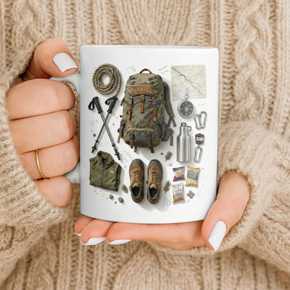 Customize Essential Outdoor Adventure Gear Backpack, Boots, Map - Personalized Custom Coffee Mug - HOB048_MG