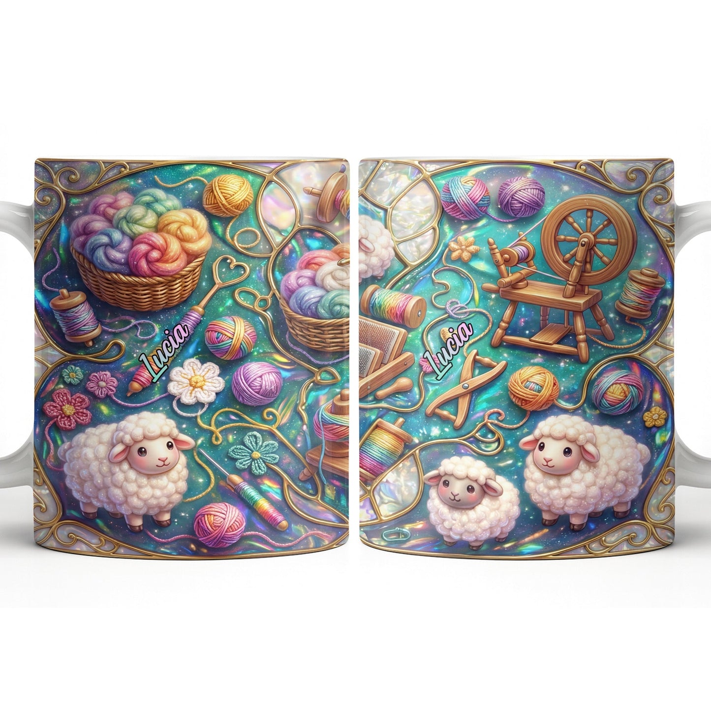 To Lucia, Yarn Balls And Spinning Wheel Design - Personalized Custom Coffee Mug - HOB076_MG
