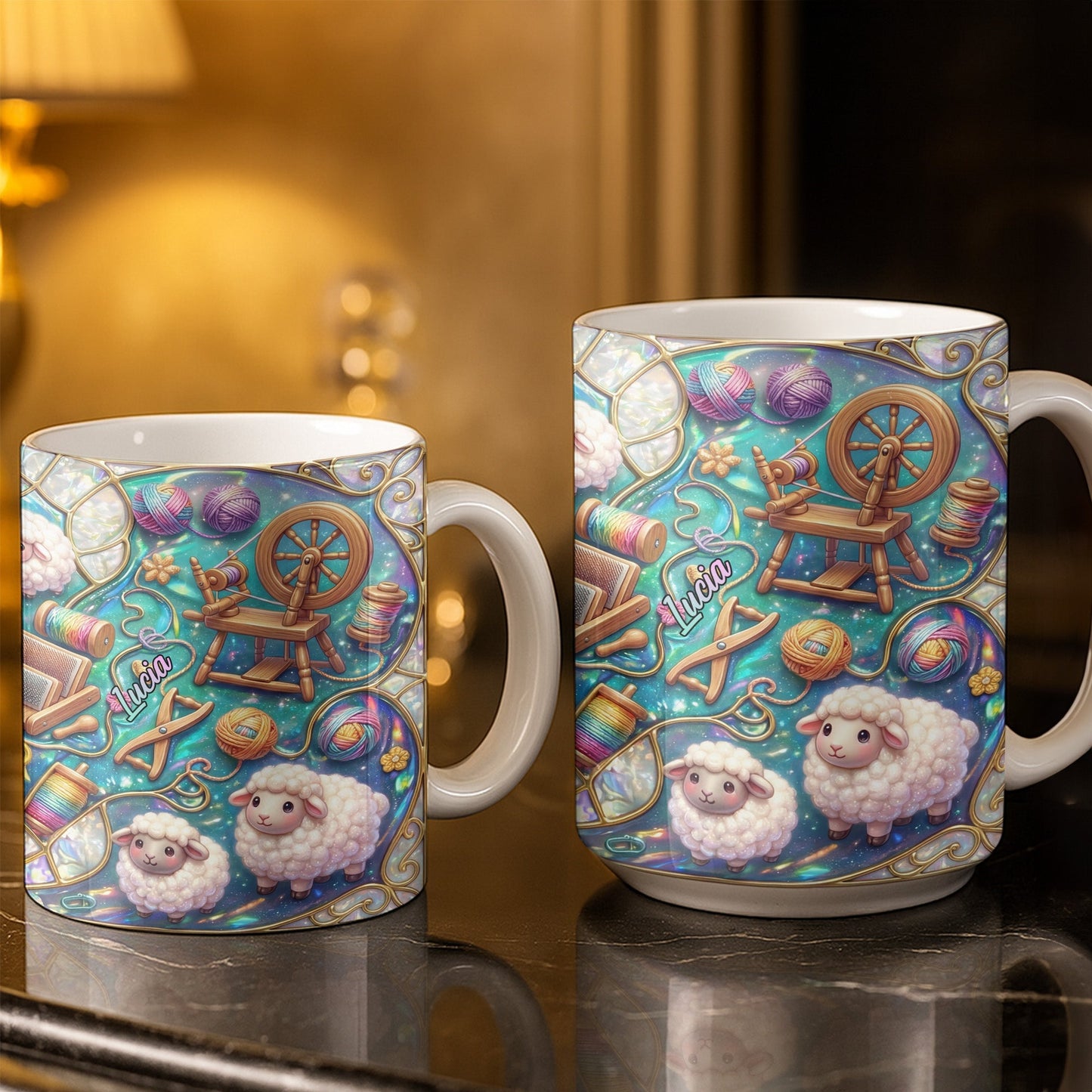 To Lucia, Yarn Balls And Spinning Wheel Design - Personalized Custom Coffee Mug - HOB076_MG