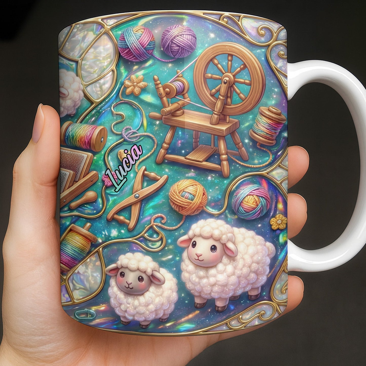 To Lucia, Yarn Balls And Spinning Wheel Design - Personalized Custom Coffee Mug - HOB076_MG