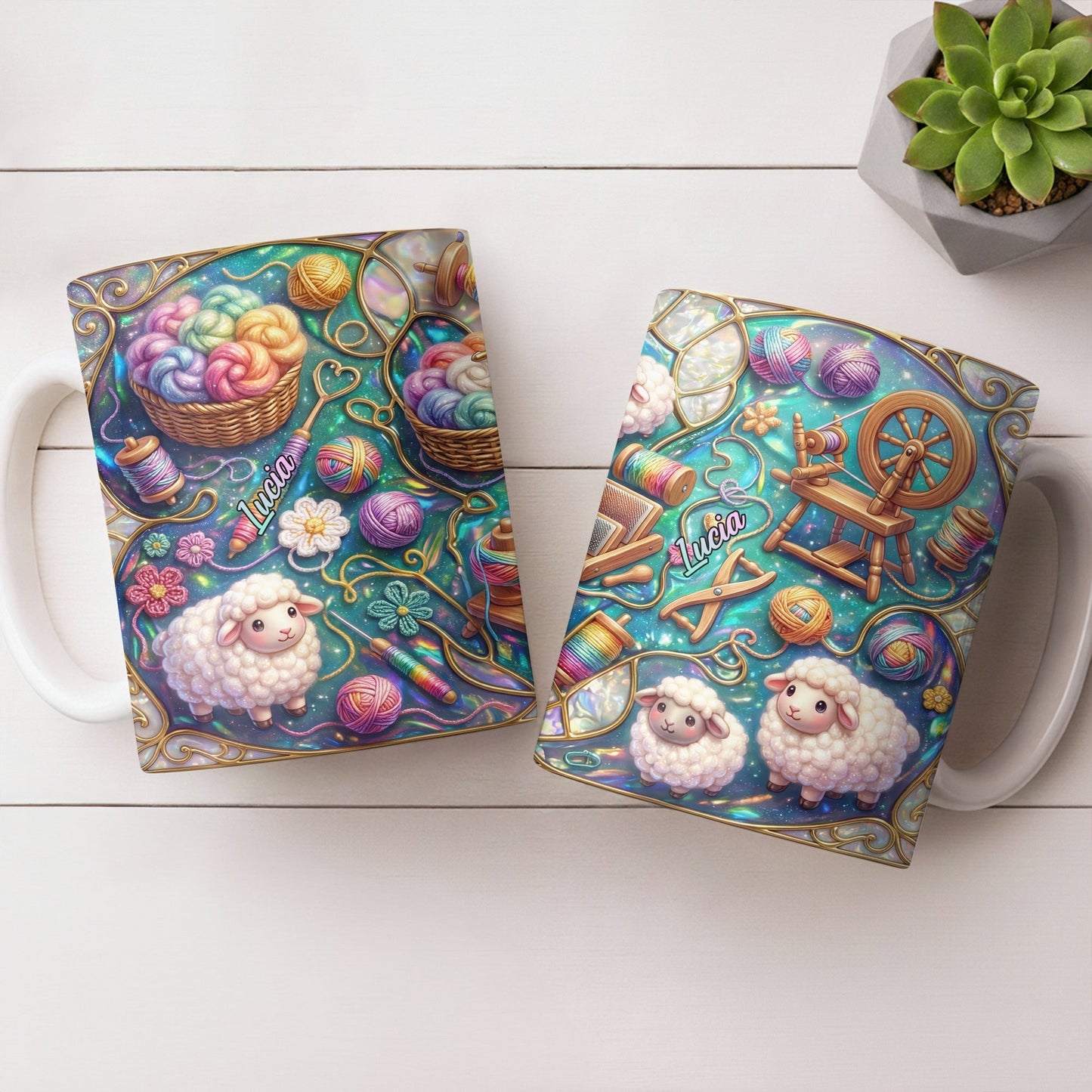 To Lucia, Yarn Balls And Spinning Wheel Design - Personalized Custom Coffee Mug - HOB076_MG