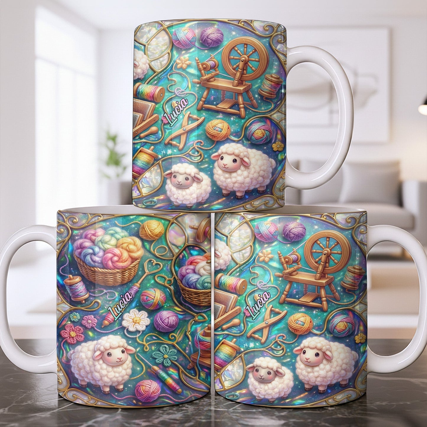 To Lucia, Yarn Balls And Spinning Wheel Design - Personalized Custom Coffee Mug - HOB076_MG