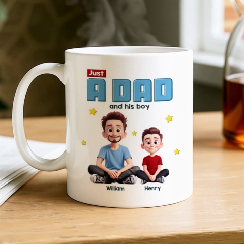 Just A Dad And His Kids Cartoon Funny Style Personalized Mug, Unique 2025 Father's Day Gift For Dad