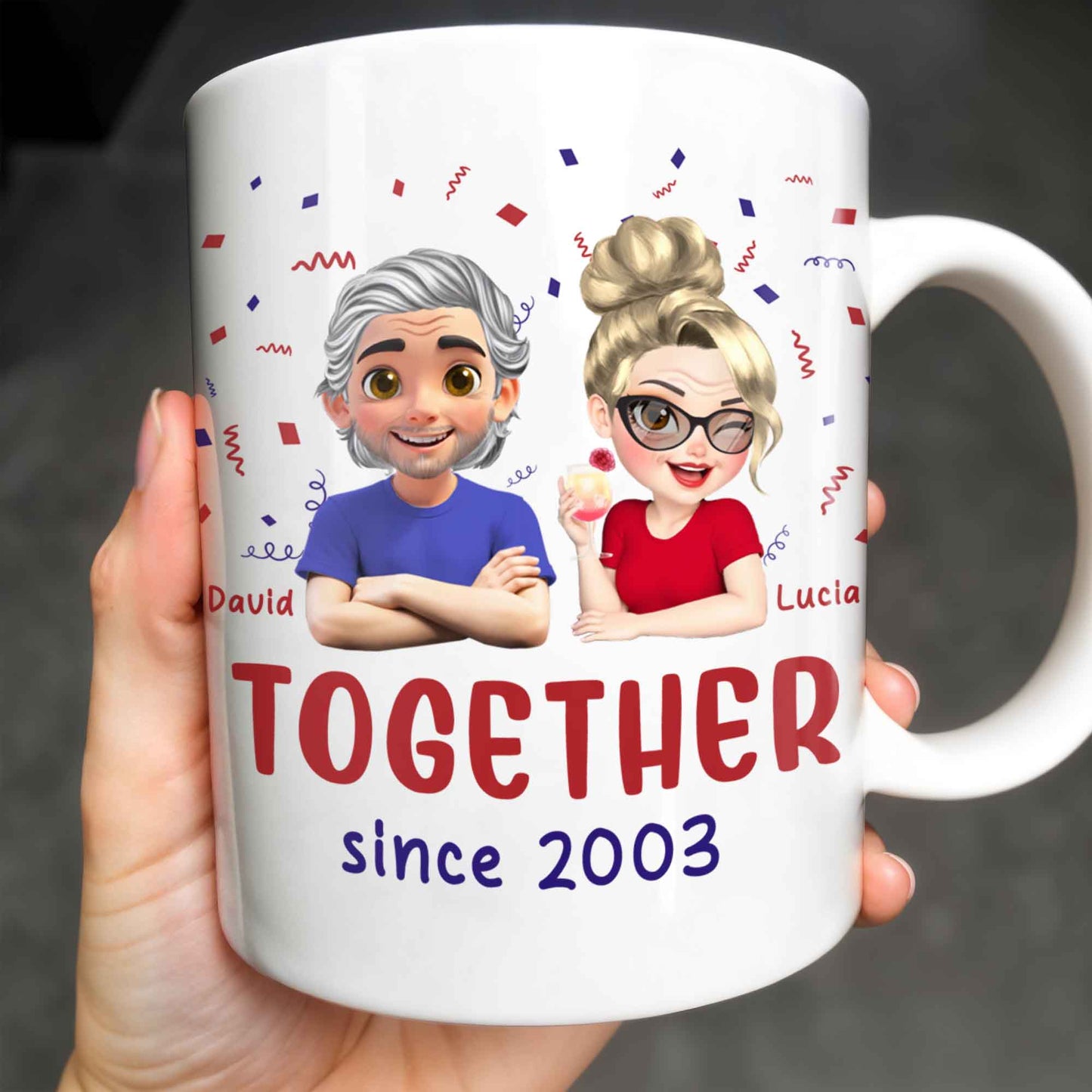 Together Since 2003, Cartoon Couple and Confetti - Personalized Custom Coffee Mug - HSB035_MG