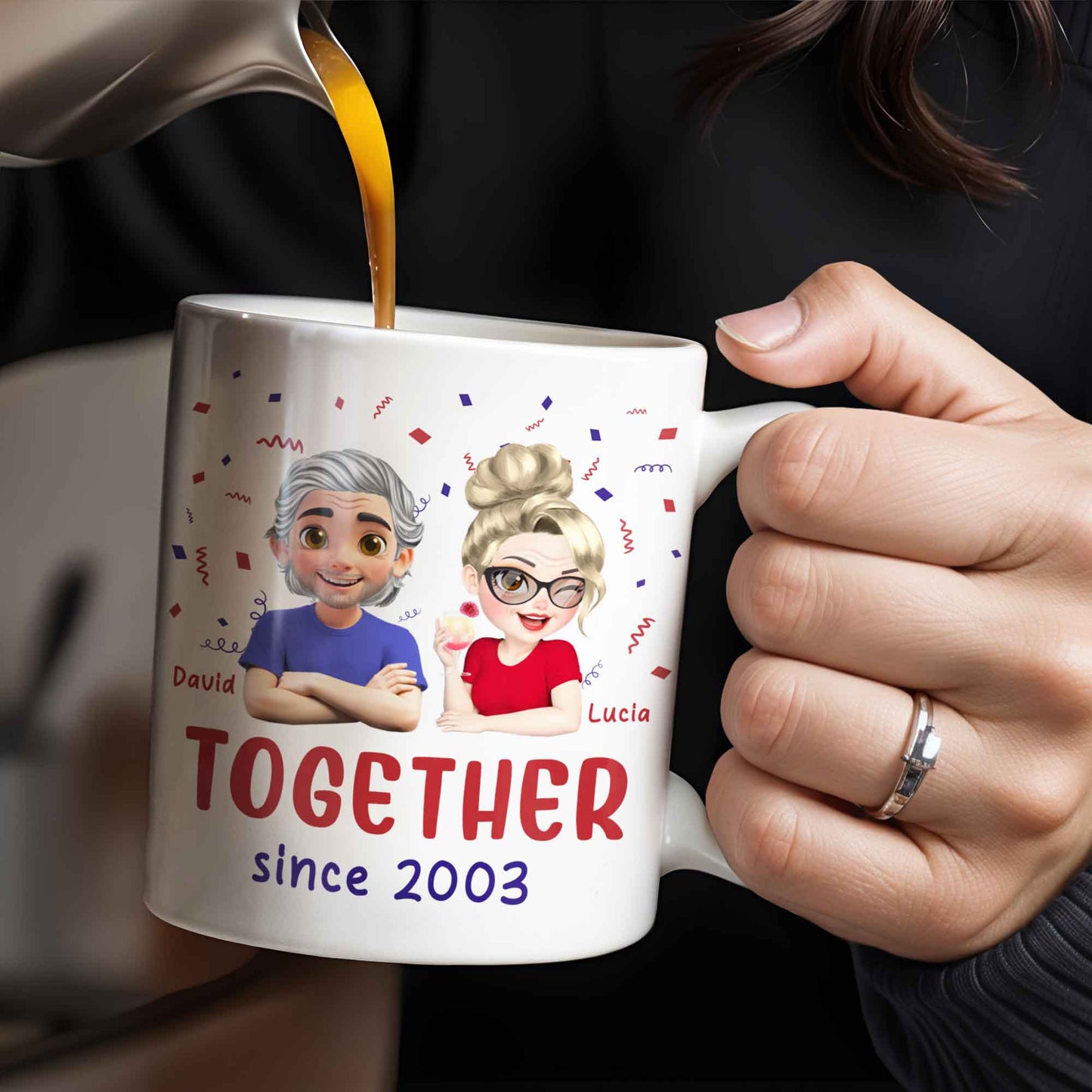 Together Since 2003, Cartoon Couple and Confetti - Personalized Custom Coffee Mug - HSB035_MG