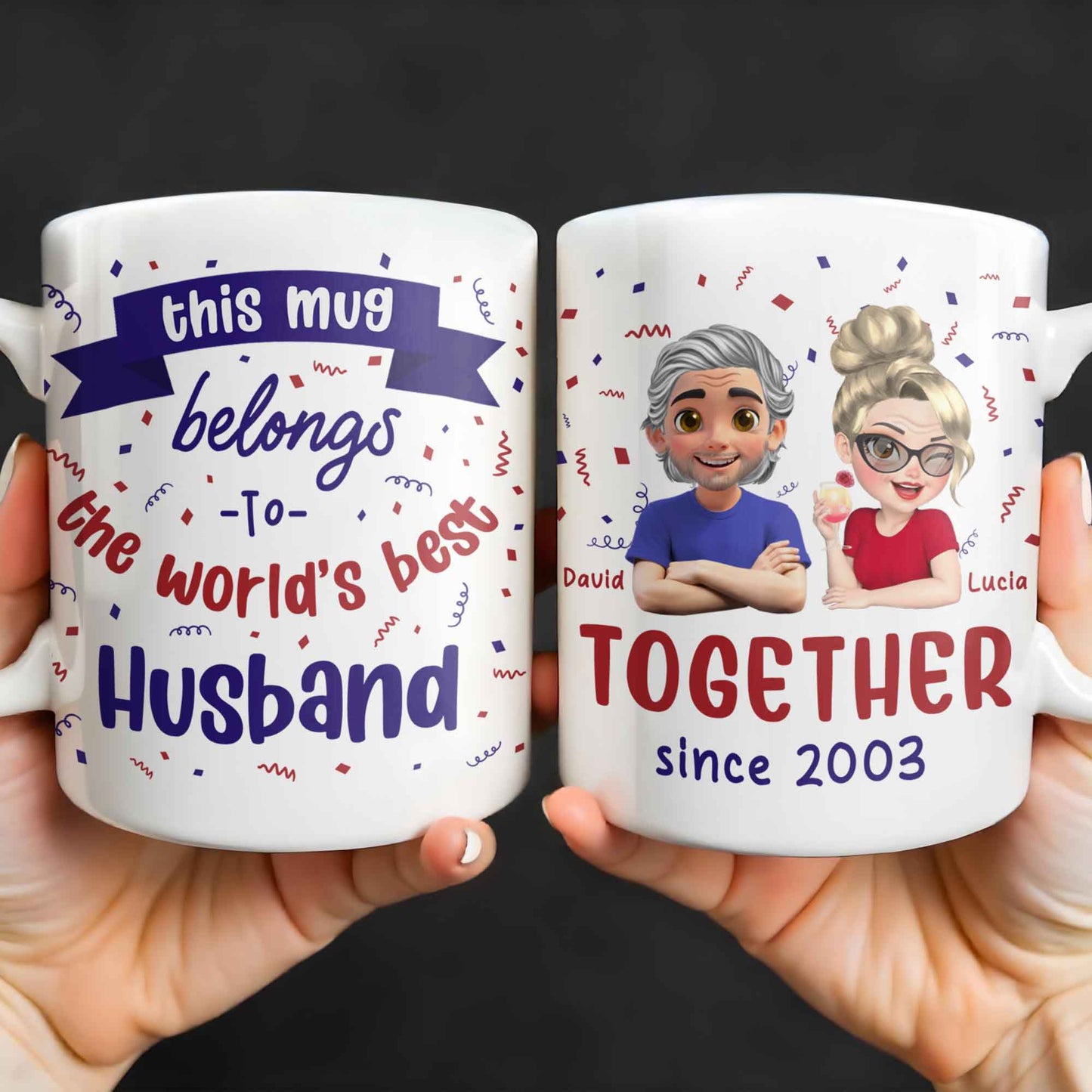 Together Since 2003, Cartoon Couple and Confetti - Personalized Custom Coffee Mug - HSB035_MG