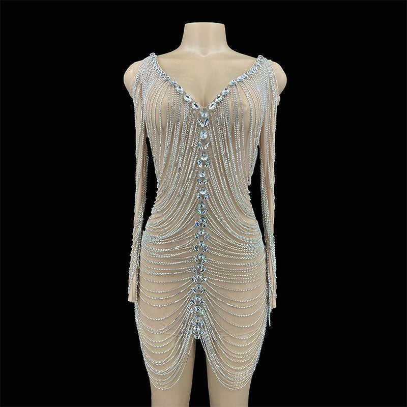 Rhinestones Chains Hollow Drip Dress