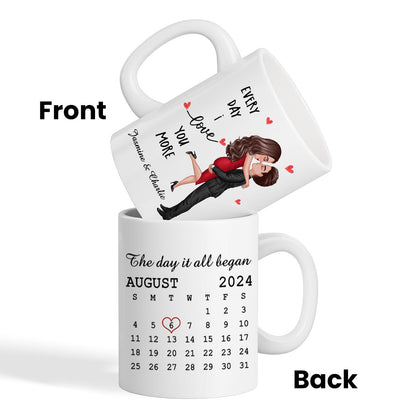Everyday I Love You More Couple Hugging Kissing Calendar Keepsake Gift Personalized Mug