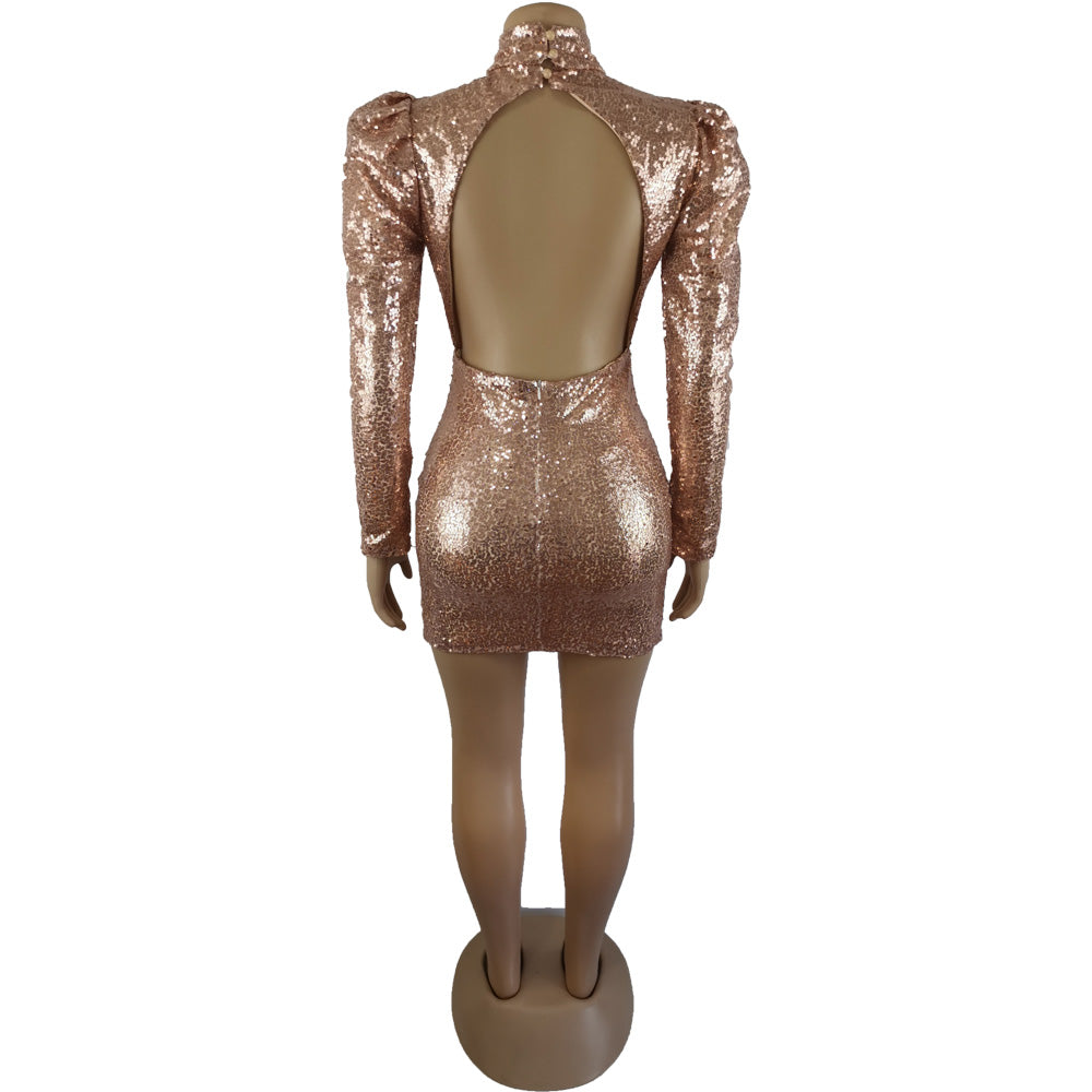Puff Sleeve Hollow Out Sequin Bodycon Mini Dresses