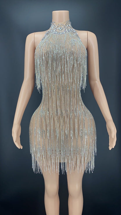 Rhinestones Crystals Tassel Backless Dress