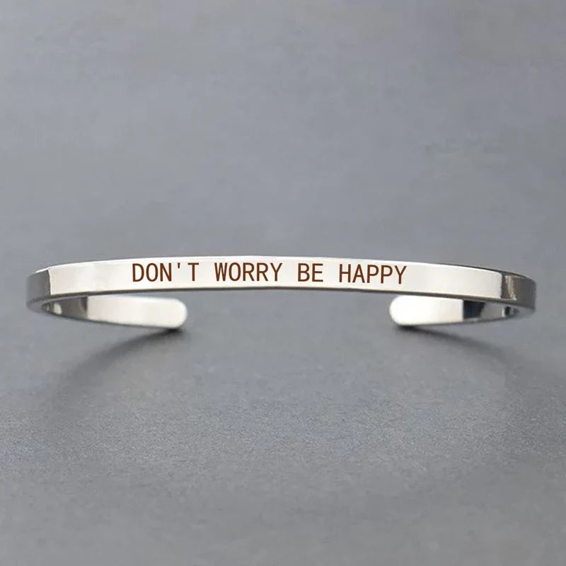 Inspirational Quotes Cuff Bracelet " DON'T WORRY BE HAPPY " Metal Engraved Bracelet