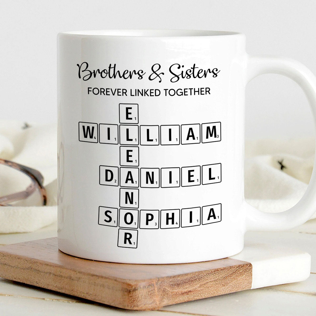 Brothers & Sisters Forever Linked Together Crossword Puzzle Art Personalized Mug, Gift For Brothers, Sisters, Siblings, Family