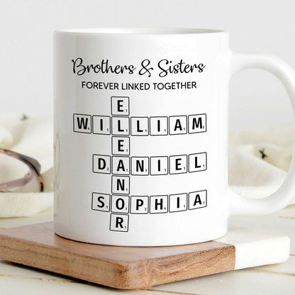 Brothers & Sisters Forever Linked Together Crossword Puzzle Art Personalized Mug, Gift For Brothers, Sisters, Siblings, Family