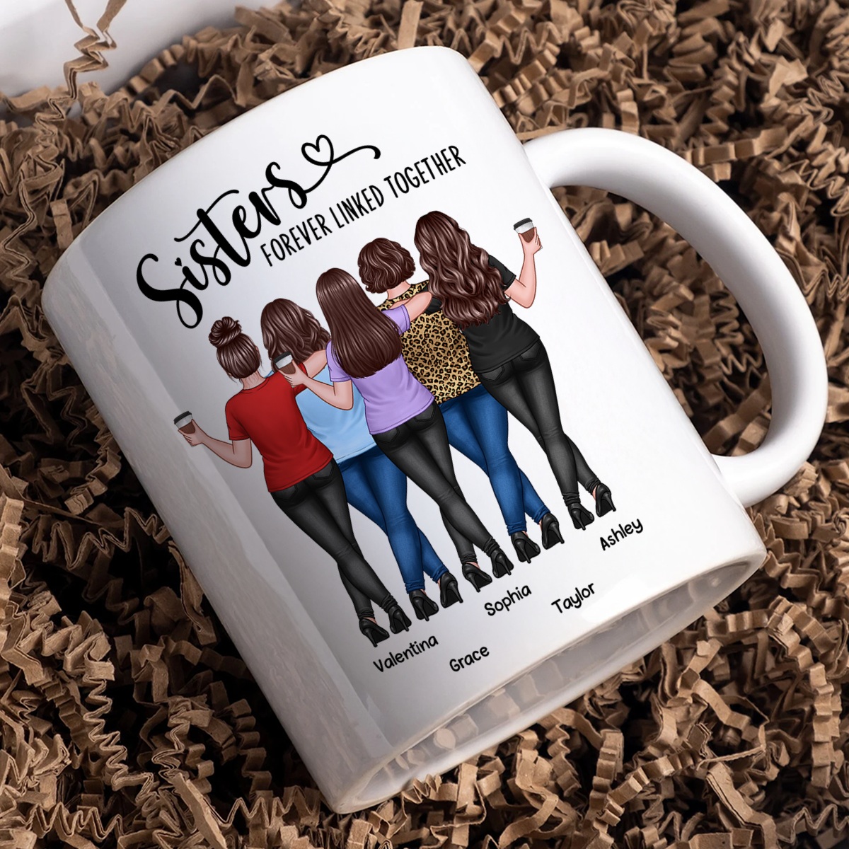 Back View Sisters Walking Forever Linked Together Personalized Mug, Gift For Sisters, Siblings