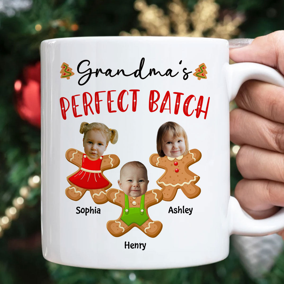 Grandma's Perfect Batch Cute Grandkids Photo Gingerbread Christmas Personalized Mug