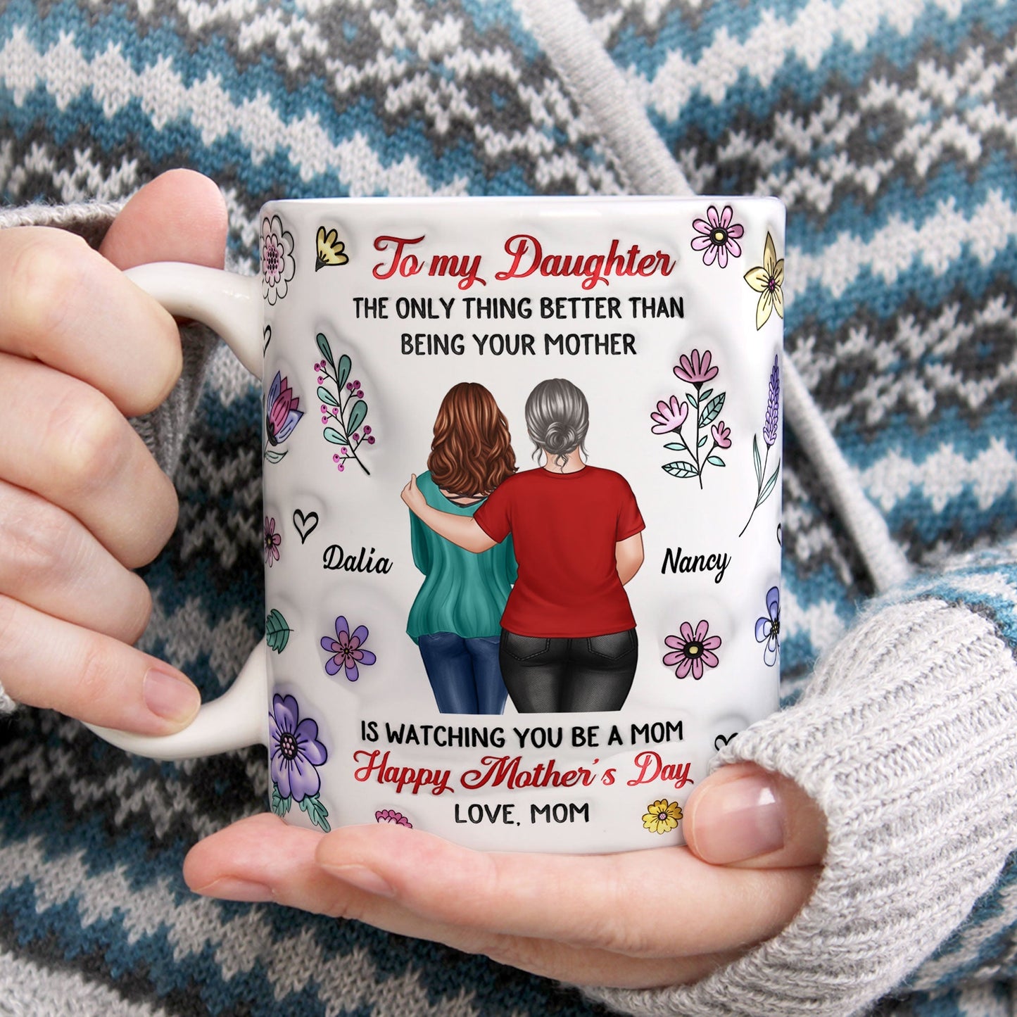 To My Daughter 3D Inflated Effect Floral Personalized AOP Mug, Heartfelt Gift for Daughter