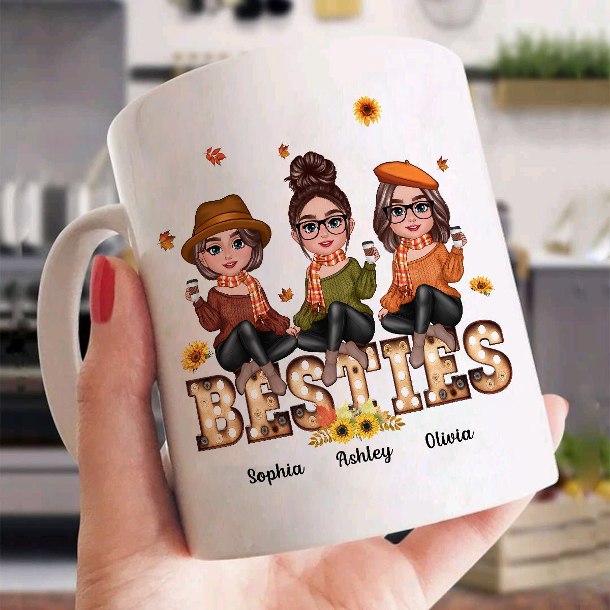 Fall Season Besties Sisters Sitting On Text Marquee Light Personalized Mug