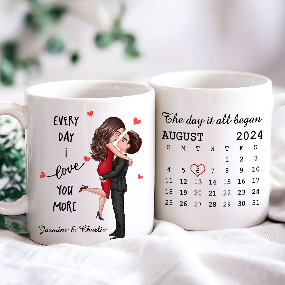 Everyday I Love You More Couple Hugging Kissing Calendar Keepsake Gift Personalized Mug