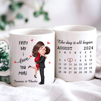 Everyday I Love You More Couple Hugging Kissing Calendar Keepsake Gift Personalized Mug