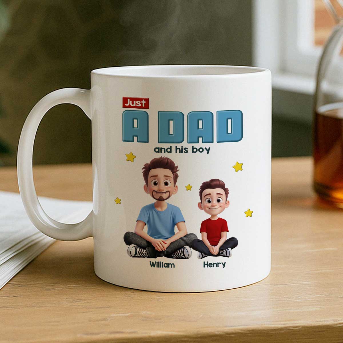 Just A Dad And His Kids Cartoon Funny Style Personalized Mug, Unique 2025 Father's Day Gift For Dad