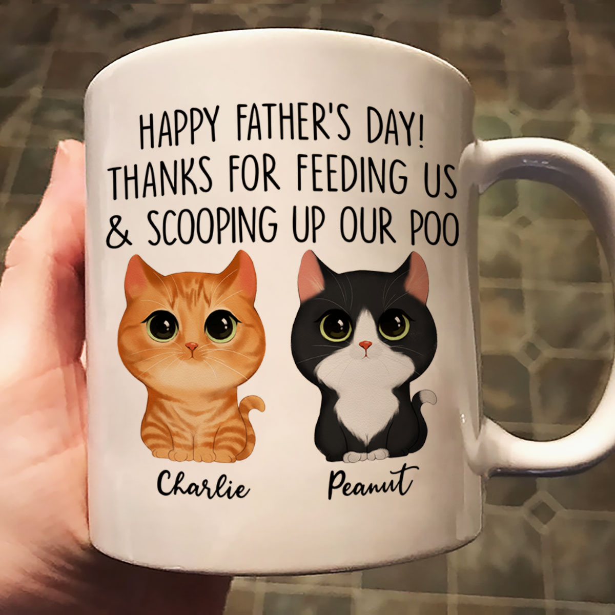 Happy Father's Day Thanks For Feeding Me And Scooping Up My Poo Watercolor Cute Cats Personalized Mug