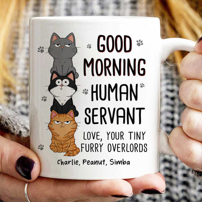 Good Morning Human Servant Stacked Cats Funny Gift For Cat Lover Personalized Mug