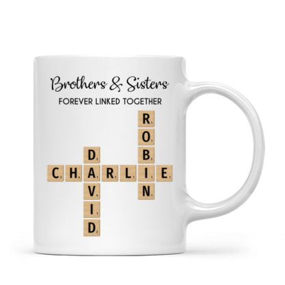 Brothers And Sisters Forever Linked Together Crossword Puzzle Art Personalized Mug, Gift For Brothers, Sisters, Siblings, Family