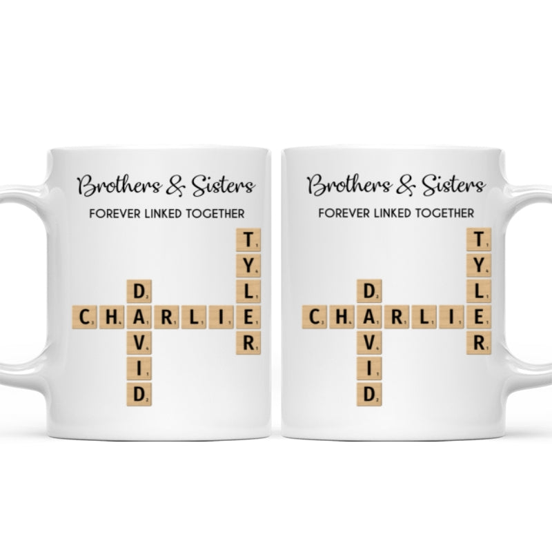 Brothers And Sisters Forever Linked Together Crossword Puzzle Art Personalized Mug, Gift For Brothers, Sisters, Siblings, Family