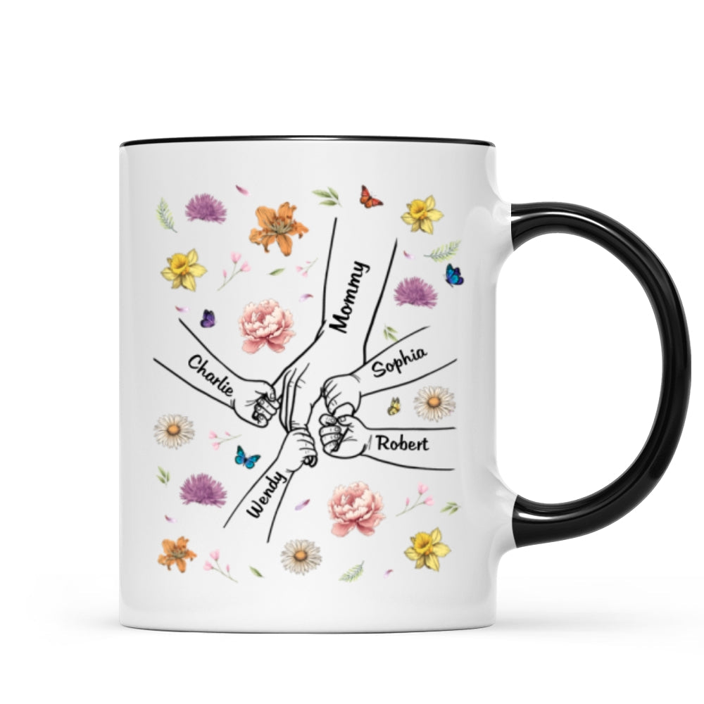 Kids Holding Mom Grandma Hand Birth Month Flowers Background Personalized Mug