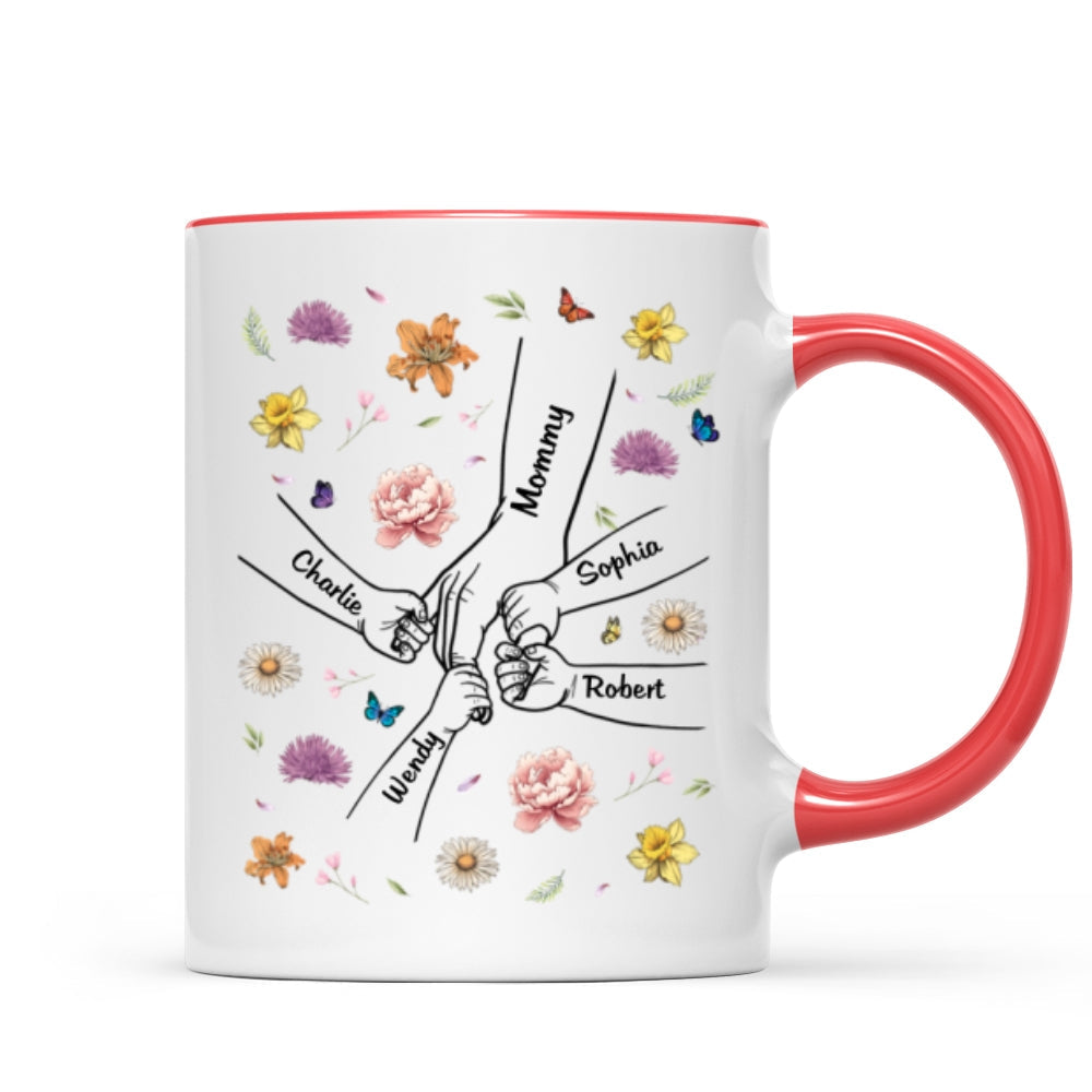 Kids Holding Mom Grandma Hand Birth Month Flowers Background Personalized Mug