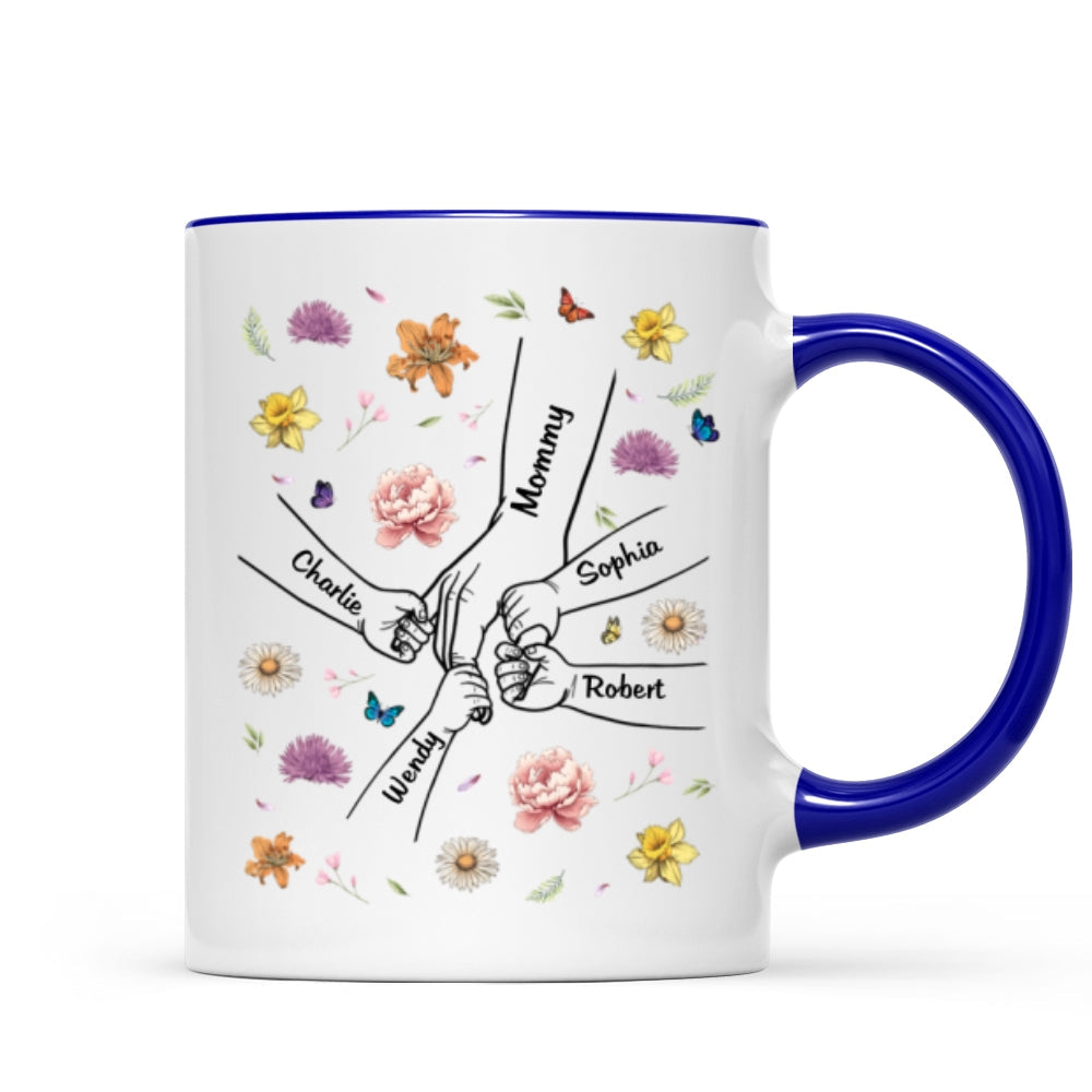Kids Holding Mom Grandma Hand Birth Month Flowers Background Personalized Mug