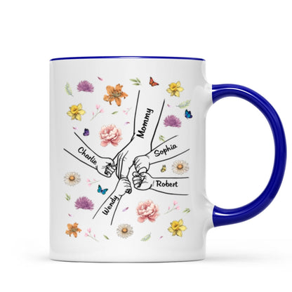 Kids Holding Mom Grandma Hand Birth Month Flowers Background Personalized Mug
