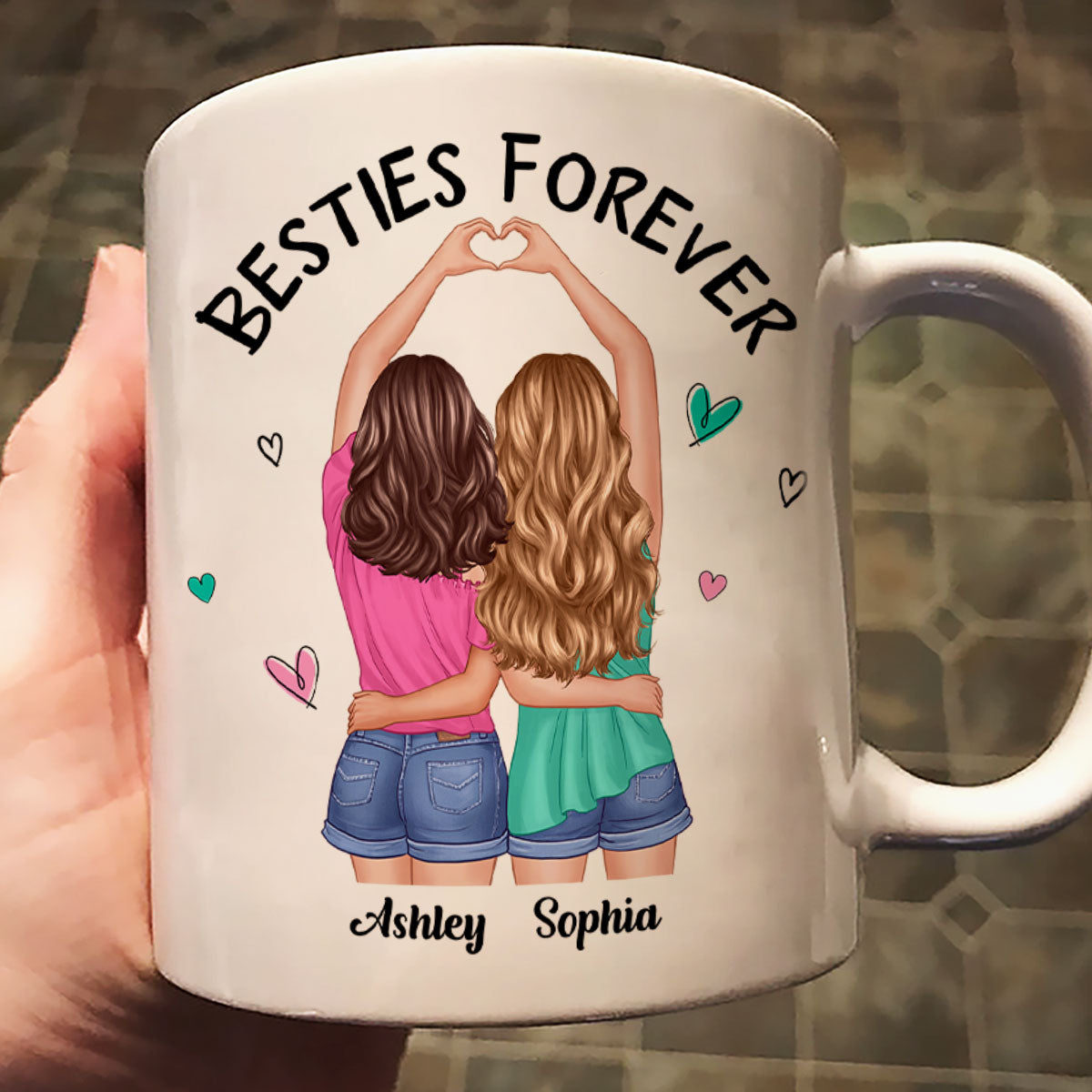 Back View Heart Hands Besties Forever Personalized Mug