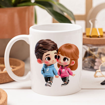 3D Effect Cute Cartoon Couple Holding Hands Personalized Mug, Anniversary & Gift for him, Gift for her