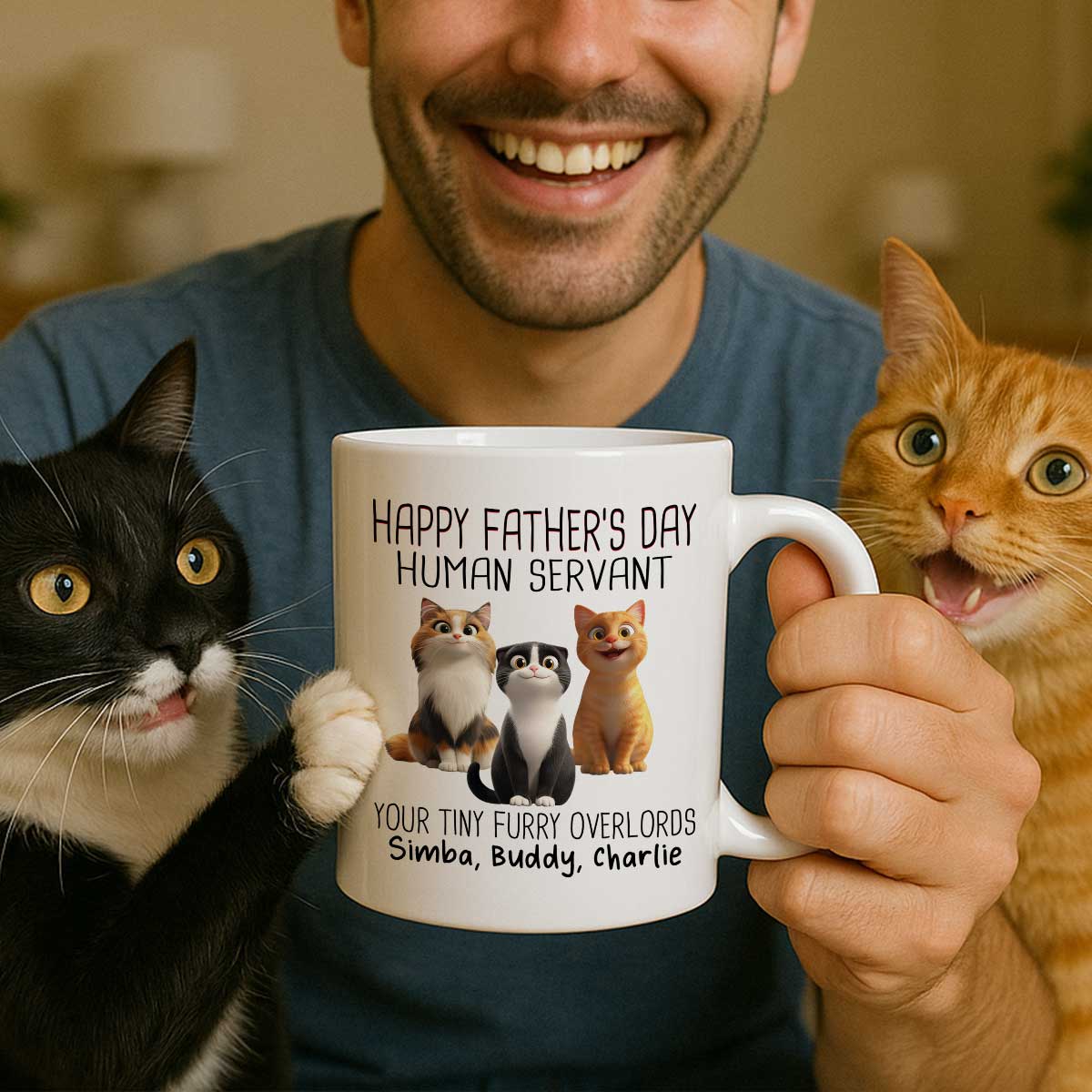 Happy Father's Day Human Servant Cartoon Funny Cats Personalized Mug, Gift For Cat Dad